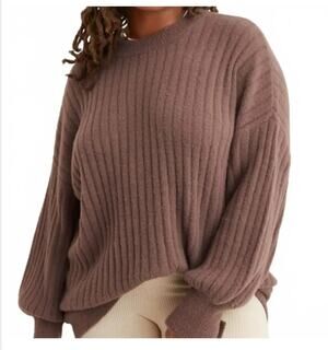 Aerie Buttercream Cozy Sweater Crewneck Fuzzy Ribbed Brown oversized sz L